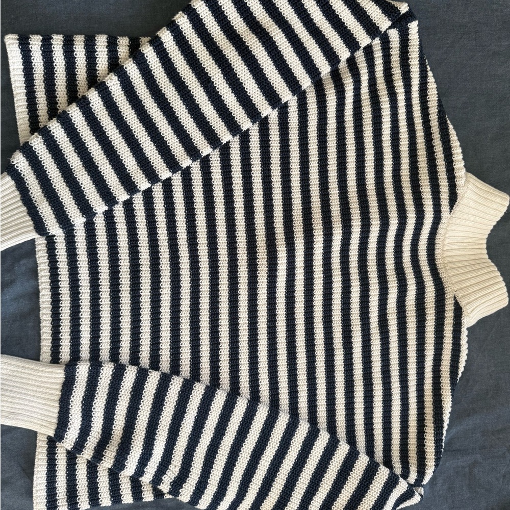 Madewell Navy and White Striped Quarter zip  100% Cotton Sweater - Picture 5 of 7